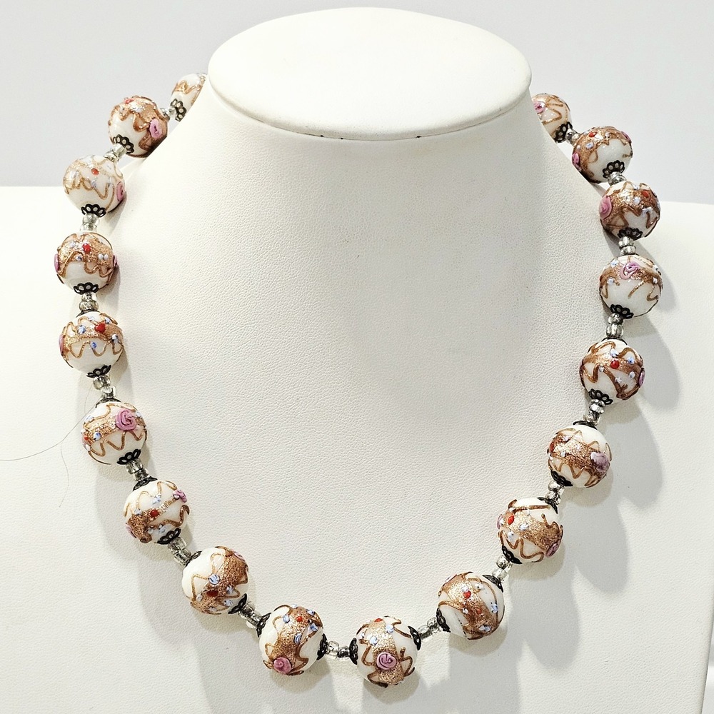 Vtg Murano Venetian Wedding Cake Lampwork Art Glass Beads Gold Aventurine 16"